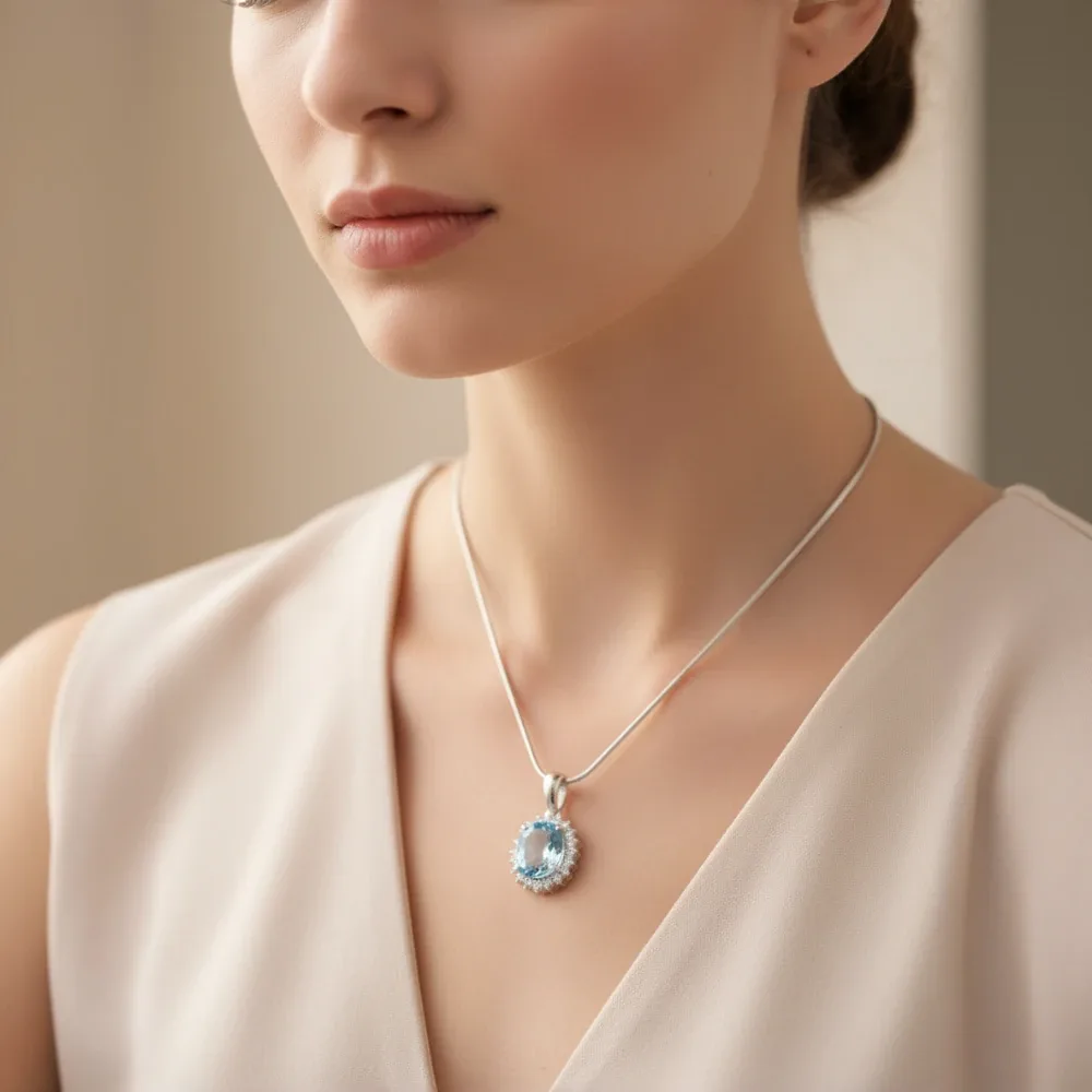 Blue Topaz Halo Elegance Pendant