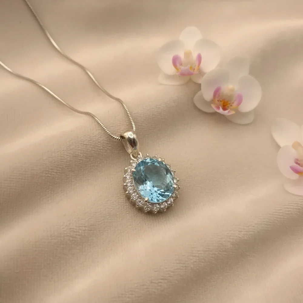 Blue Topaz Halo Elegance Pendant