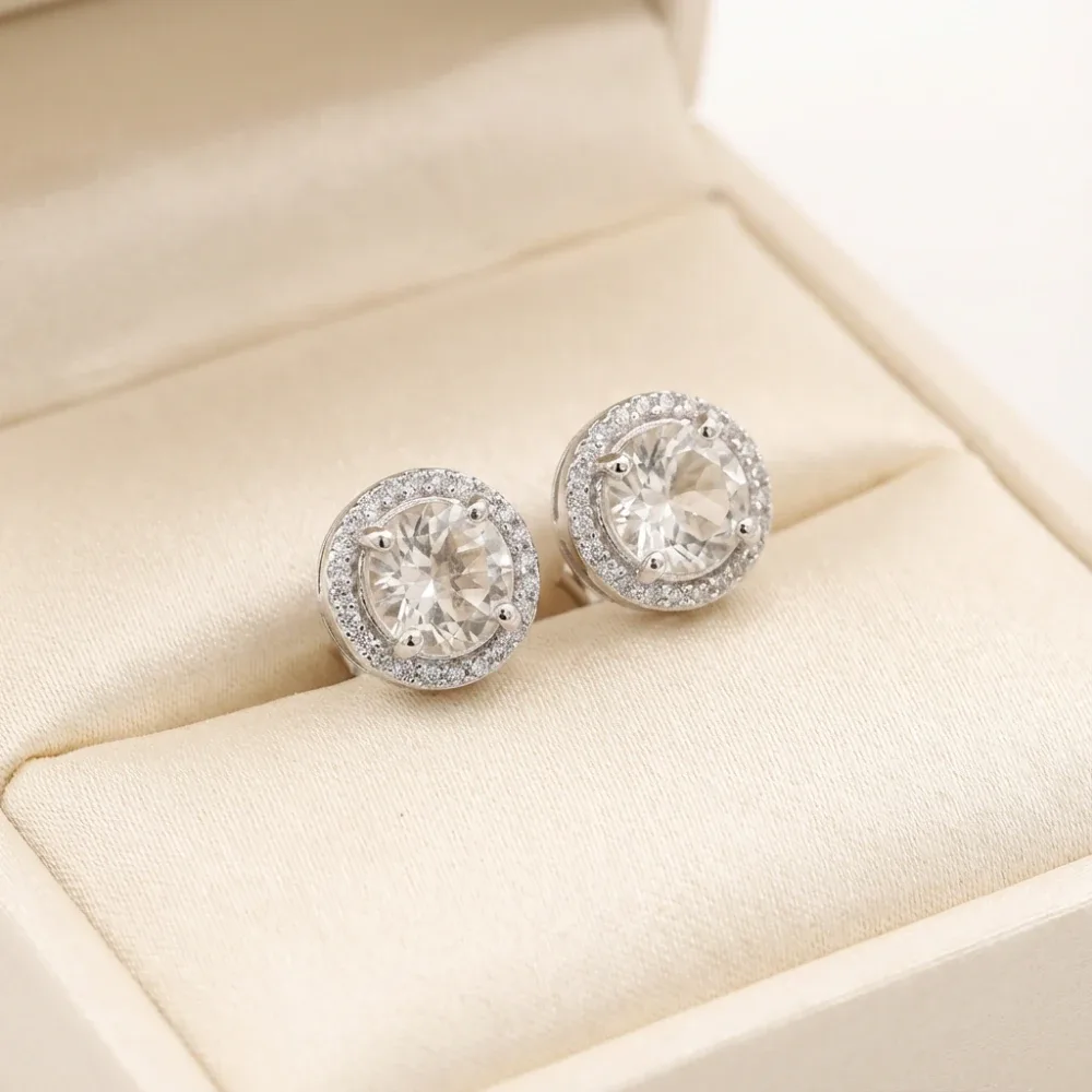 White Topaz Radiant Halo Studs