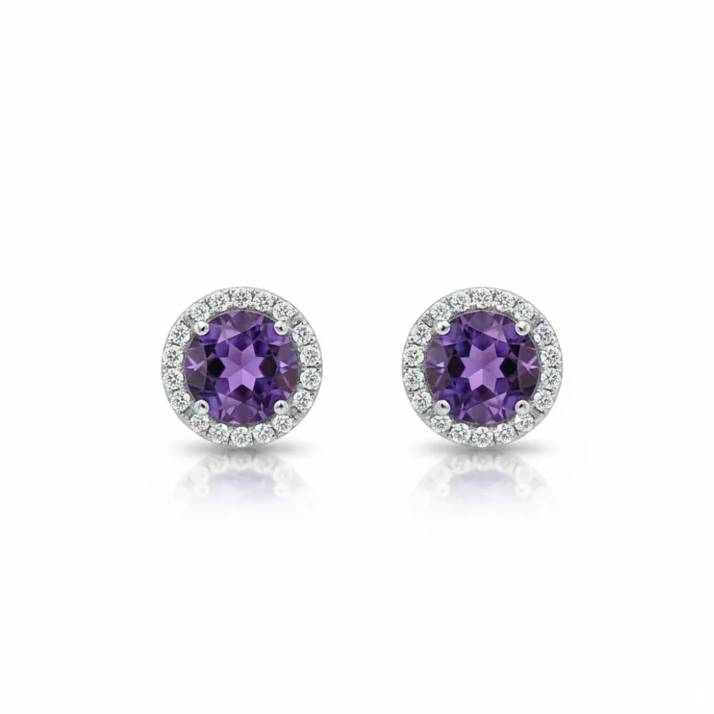 Amethyst Halo Charm Ear Studs