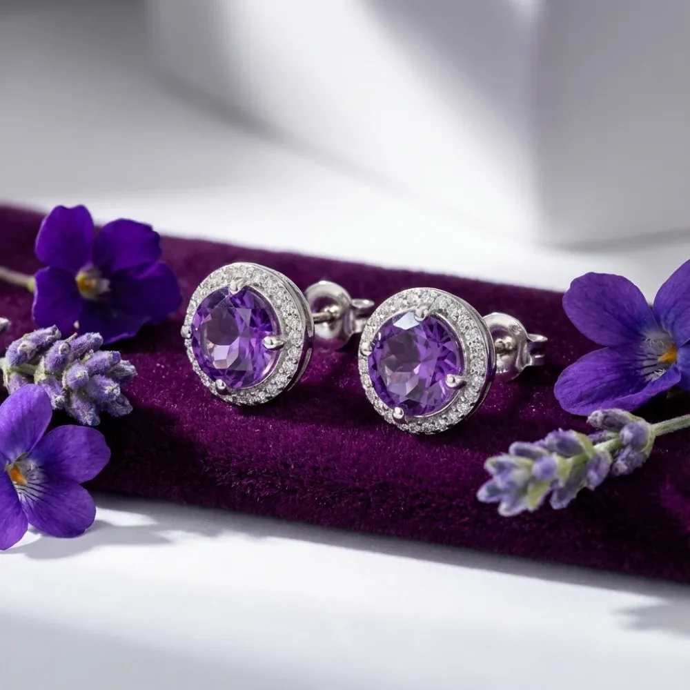 Amethyst Halo Charm Ear Studs
