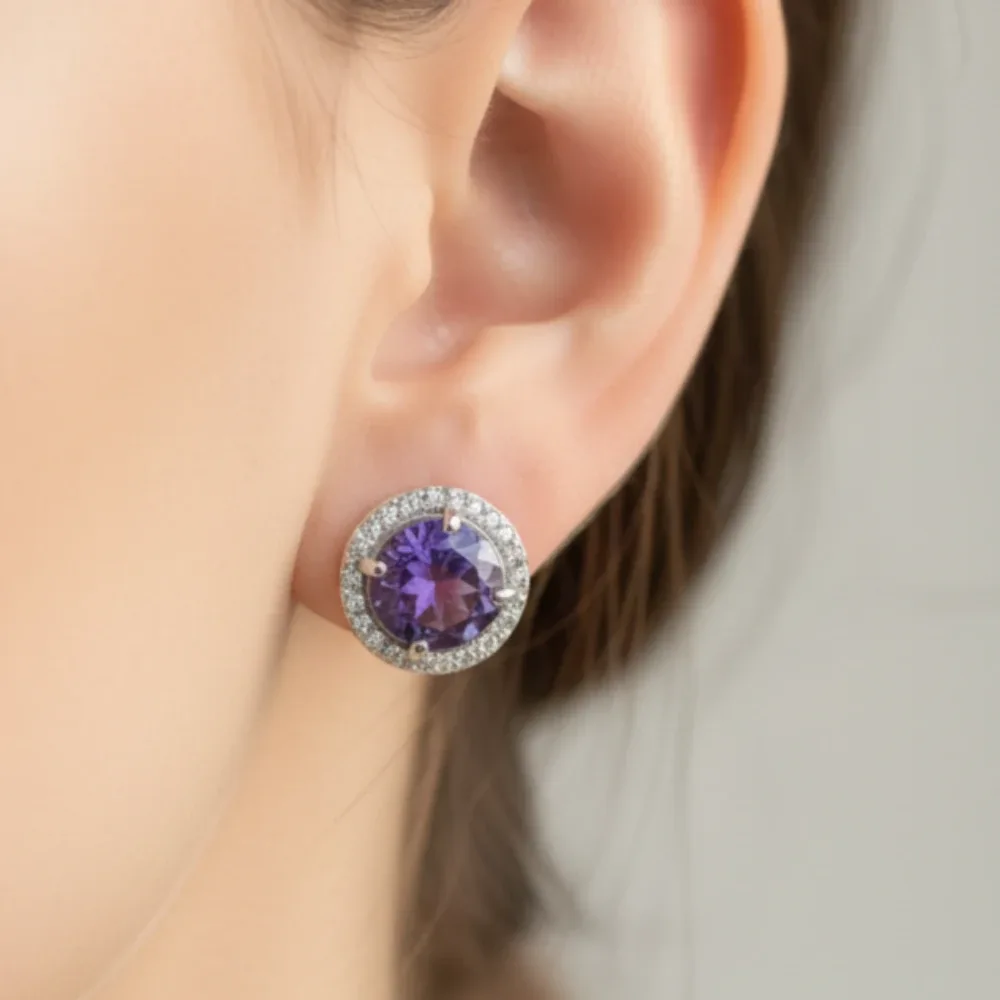 Amethyst Halo Charm Ear Studs